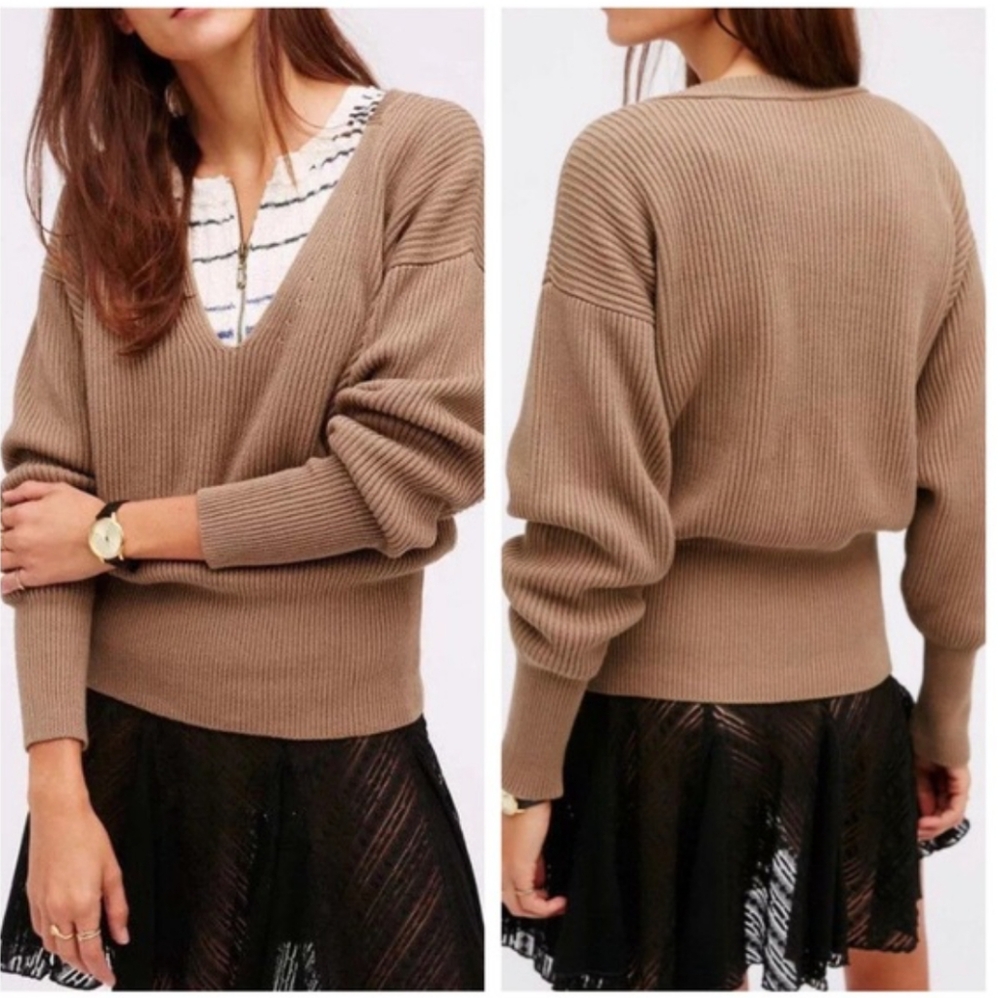 Free People Allure Ribbed Oatmeal Sweater Sleeve Relaxed Knit Beige V-Neck